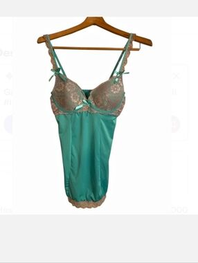 NATIVE INTIMATES 00’s Turquoise & Silvery Gray Lace Satin Babydoll Chemise 36C